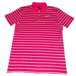 Nike Golf Shirt Mens Size Large S Pink White Striped Standard Fit Dri Fit Polo
